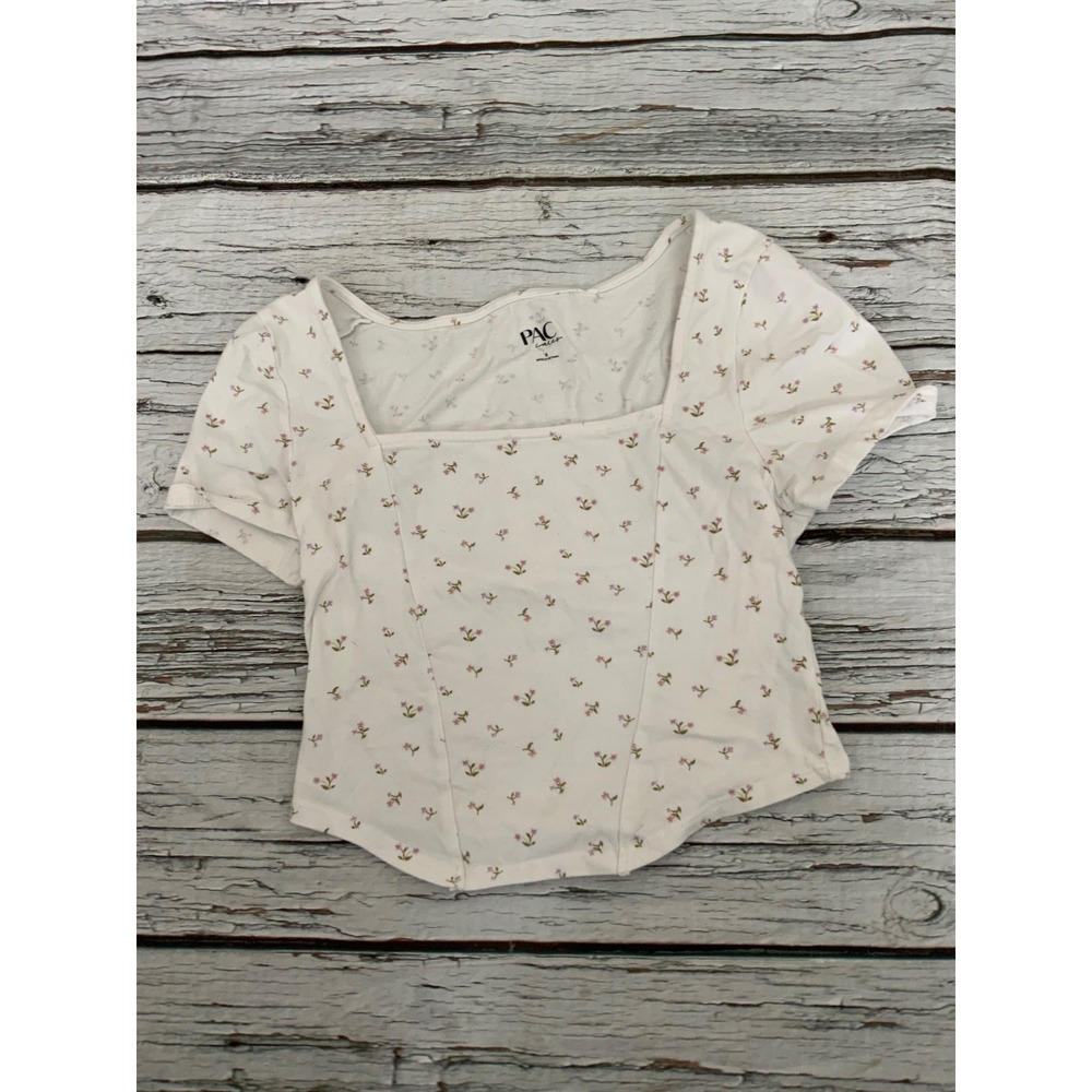 PacSun PAC Cares Floral Corset Top White Pink Short Sleeve Square Neck Small